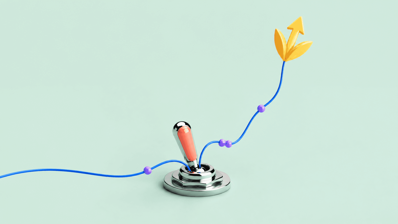 A plunger on mint sending a blue wire arcing upward into a yellow arrow