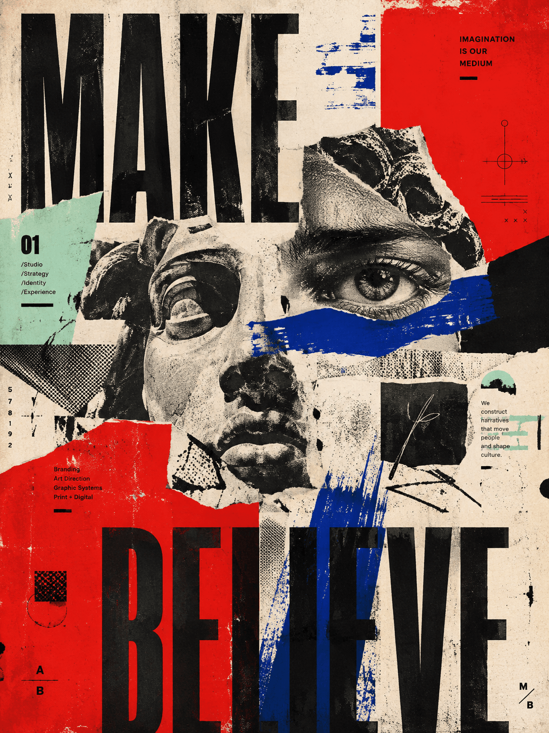 Make Believe poster: torn-paper collage in red, blue and black over a statue face