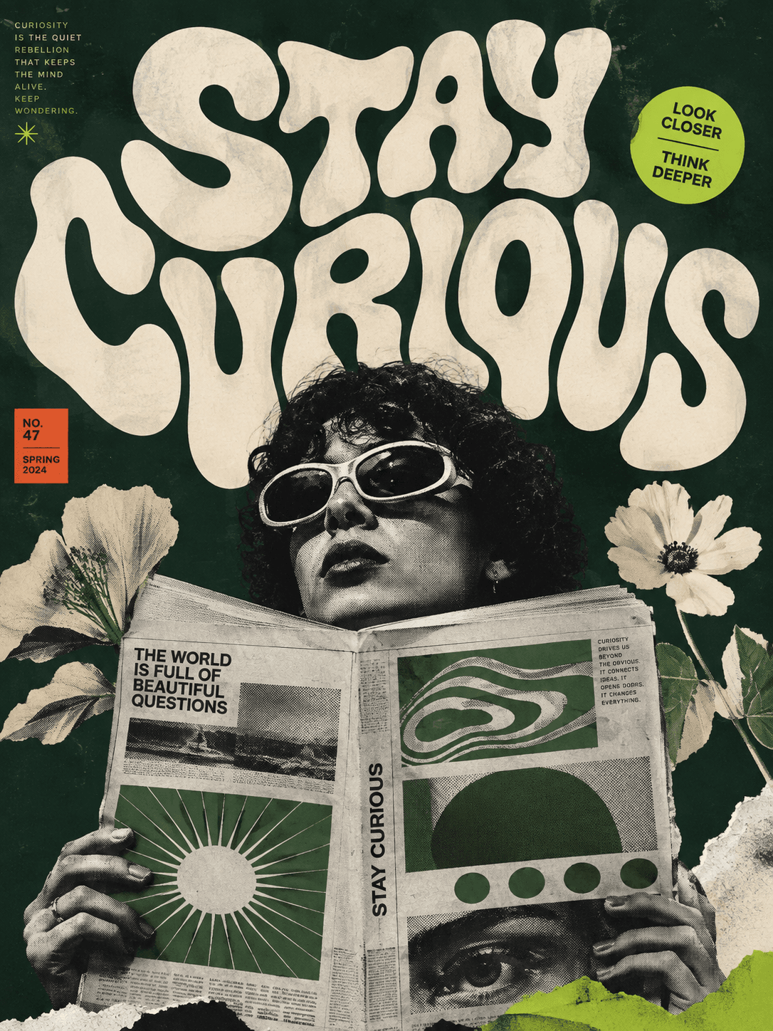 Stay Curious magazine cover: reader behind a newspaper in deep green and cream