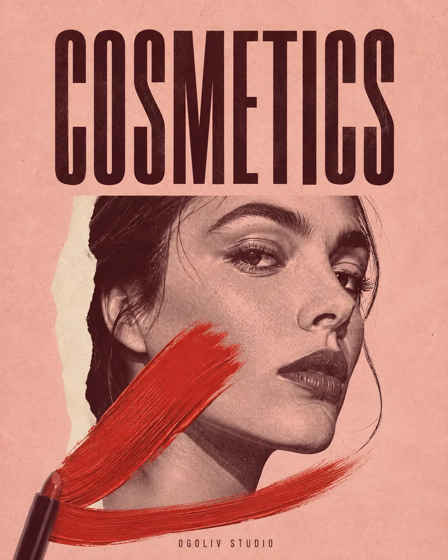 Cosmetics: a torn portrait and a swept lipstick stroke on blush pink