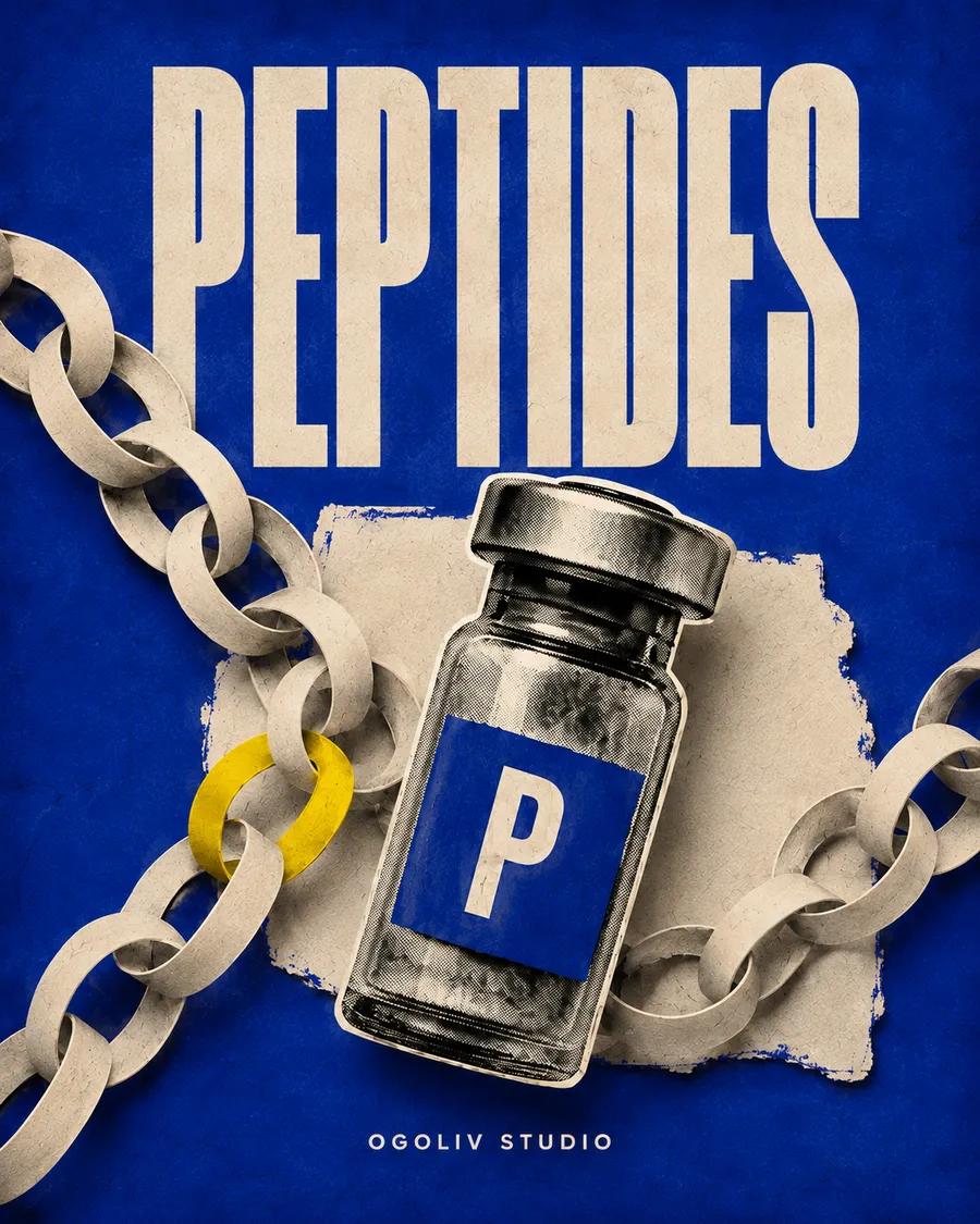Peptides: a halftone research vial and a paper chain of linked loops on ultramarine