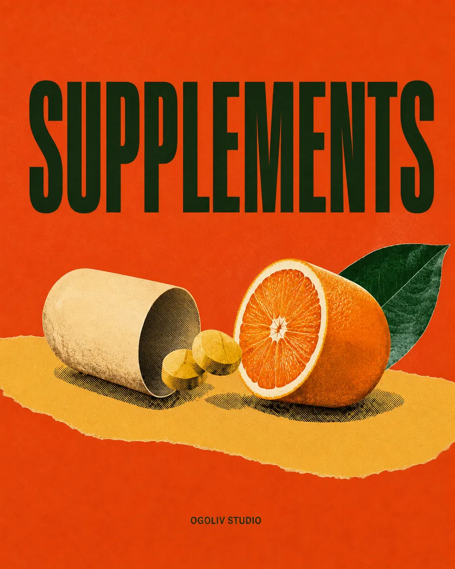Supplements: cut-paper capsule opening into a citrus half on tomato orange