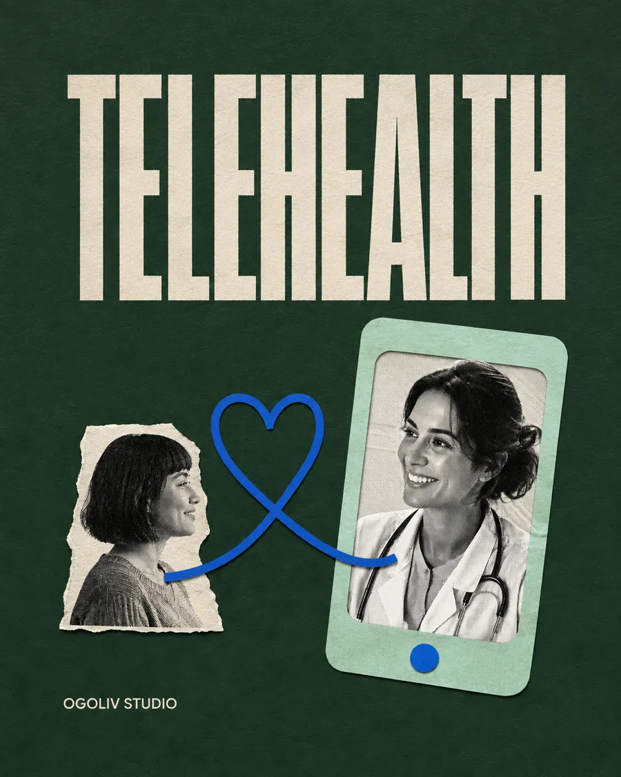 Telehealth: two cut-out portraits joined by a looping blue line on forest green